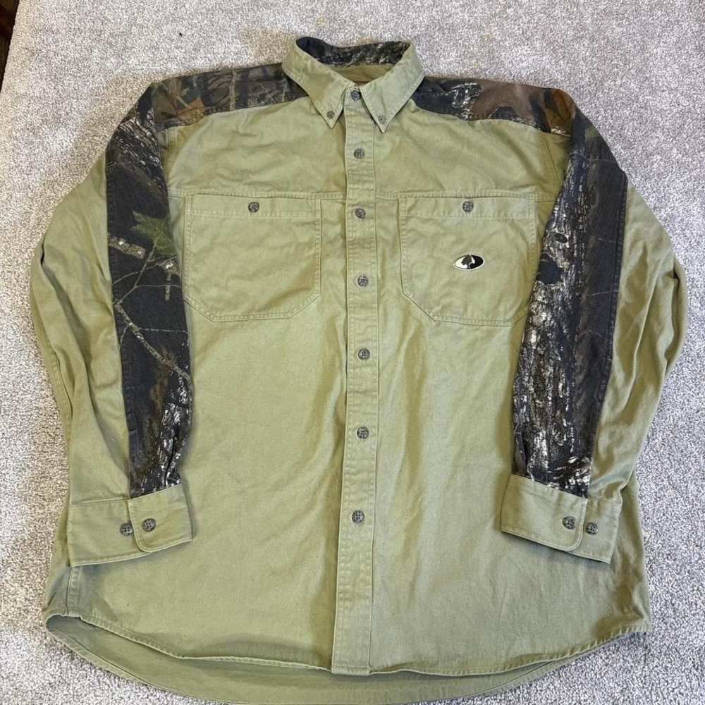 Mossy Oak Camo Button Down Shirt XL Olive Green Hunting Outdoor Long Sleeve